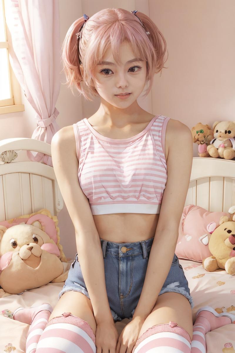 06478-1274899851-(masterpiece_1.2),(best quality), 1girl, pink hair, crop top, denim shorts, bedroom, striped thighhighs, cute,___lora_yasukosawa.png